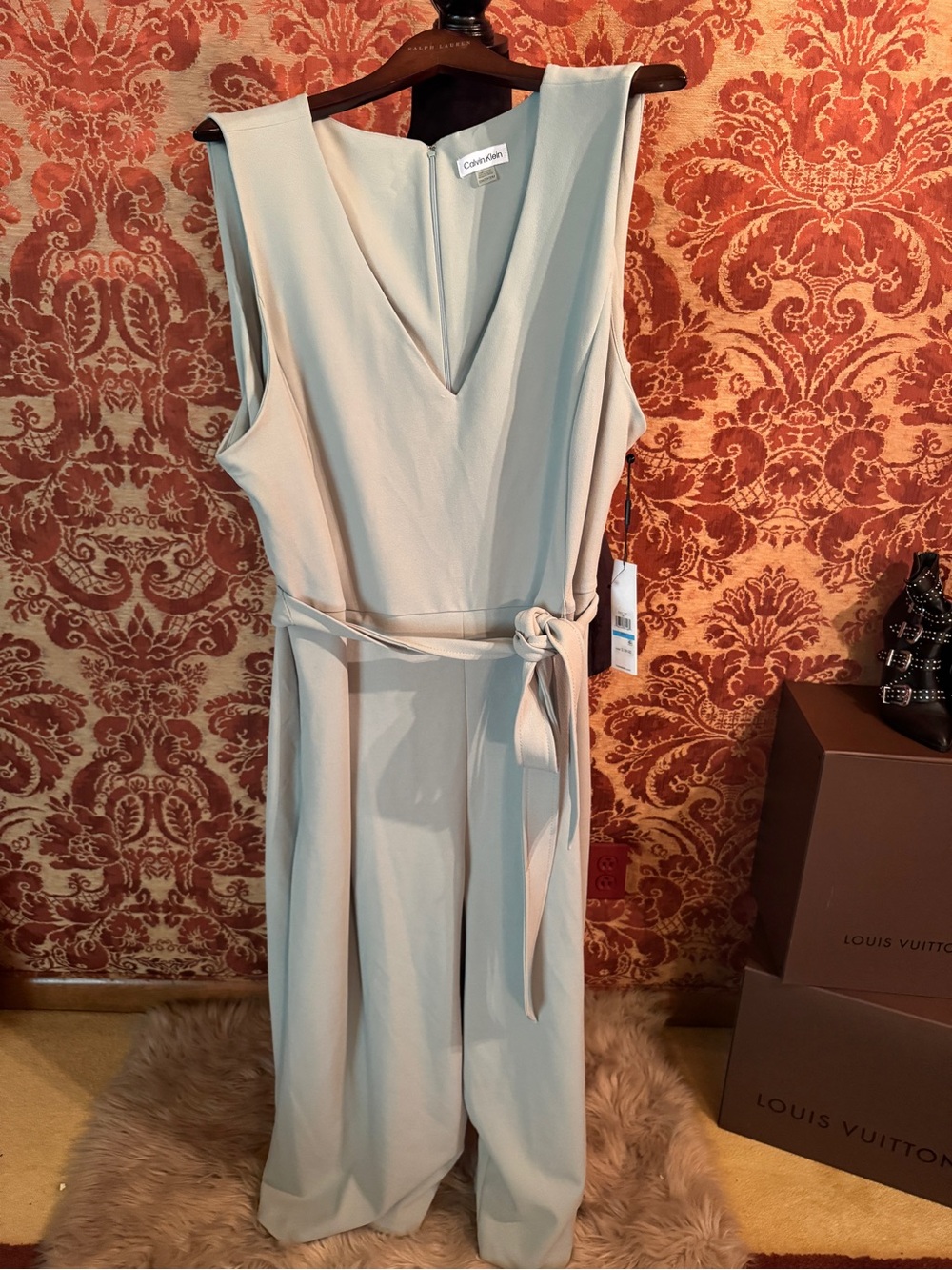 Calvin Klein Light Mint Green Sleeveless V-Neck Jumpsuit with Tie Belt - Picture 3 of 5